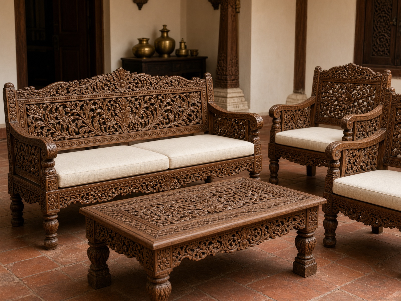 Ornate carved teak sofa set with cream cushions