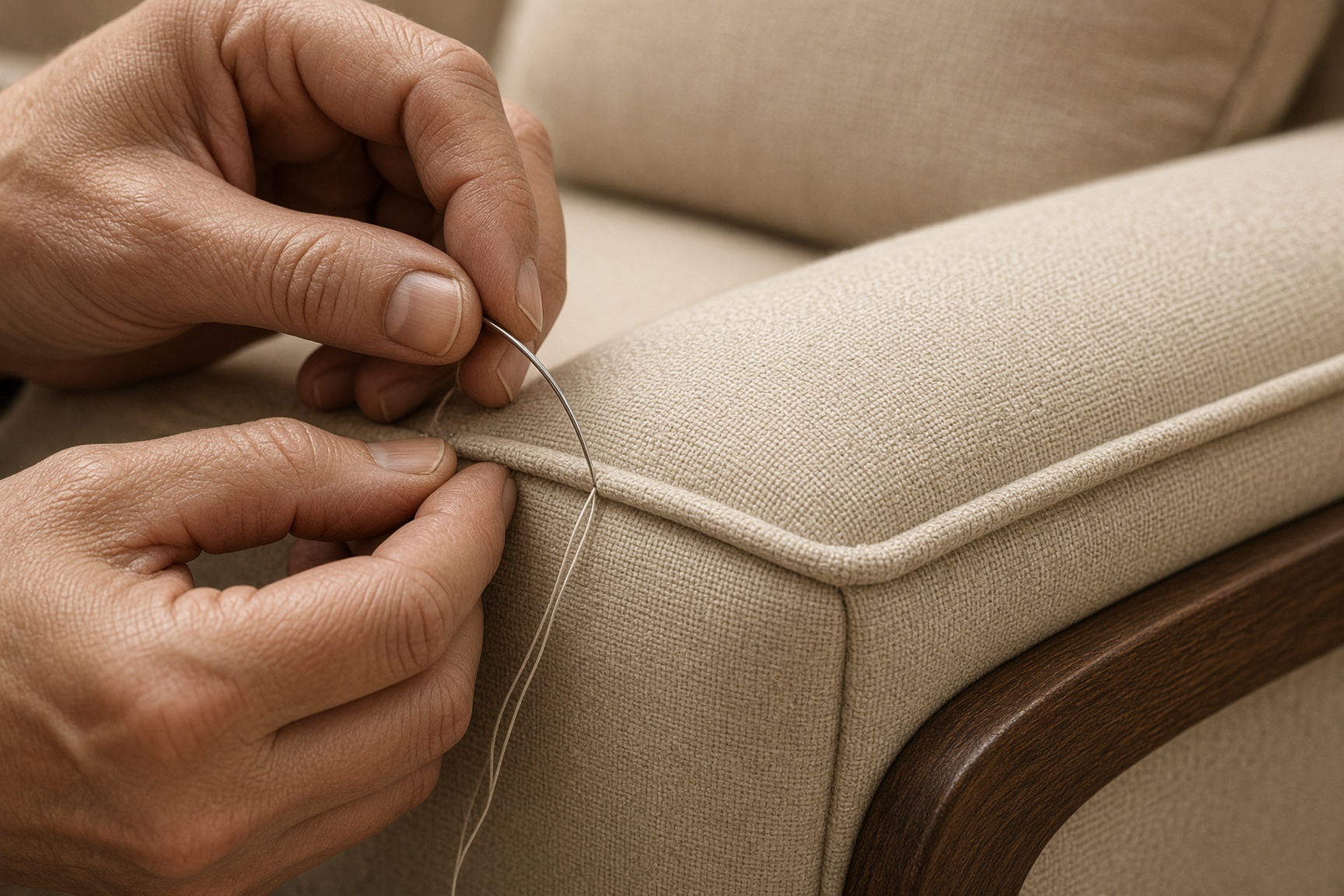 Hands stitching piping onto a linen sofa arm in the workshop