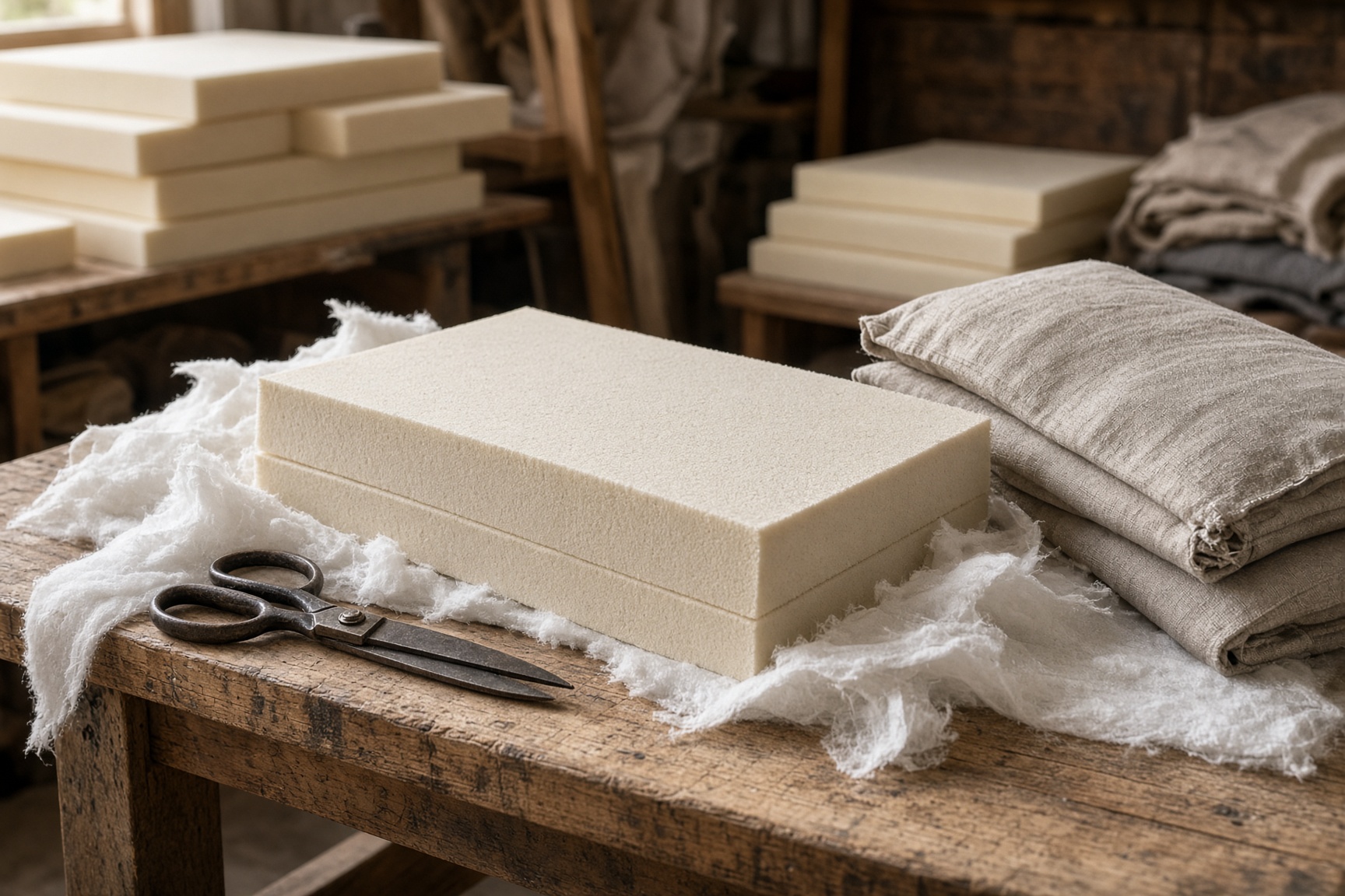 High-density foam sofa cushions being cut on a workshop bench