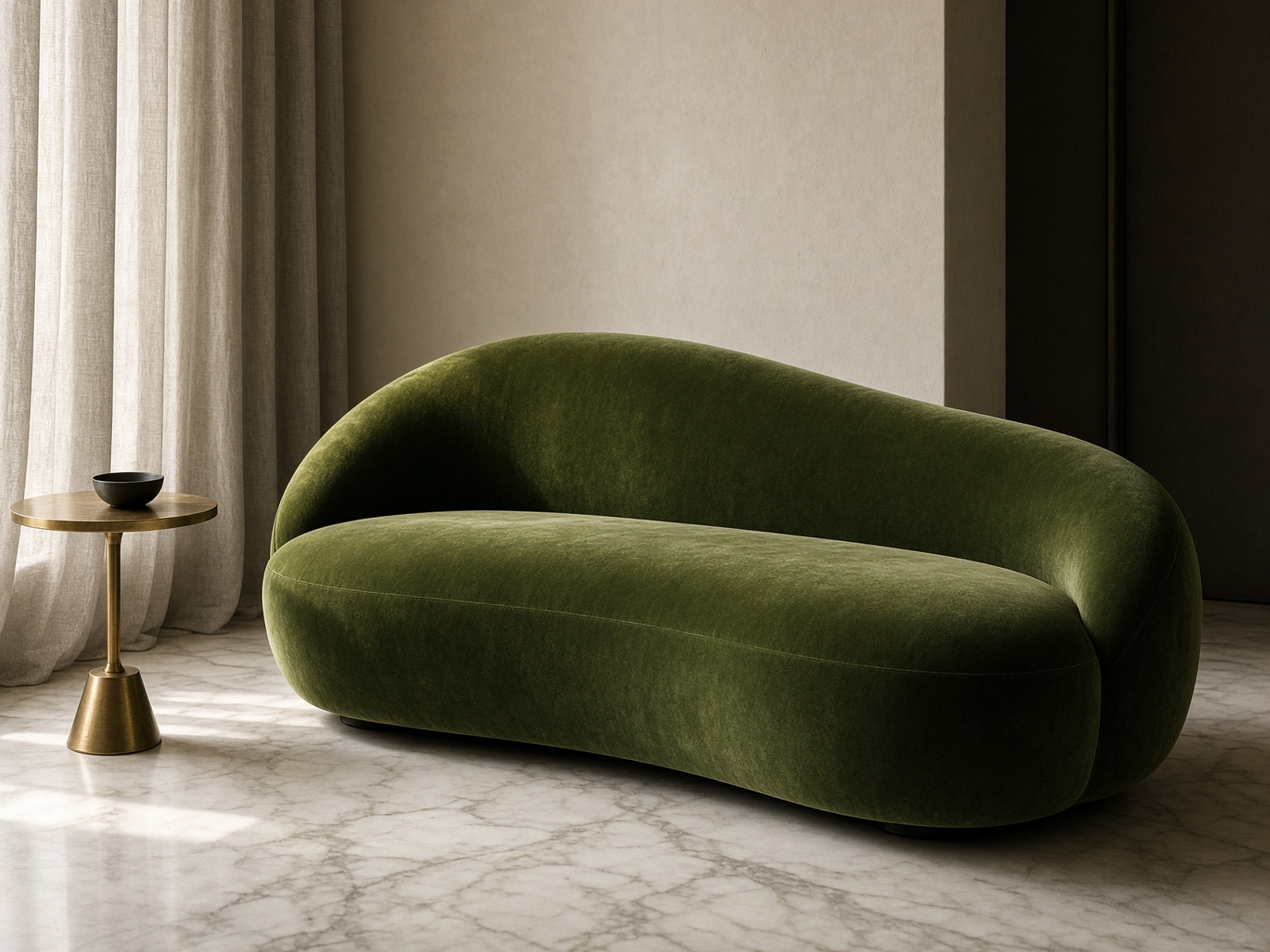 Sculptural moss-green velvet designer sofa