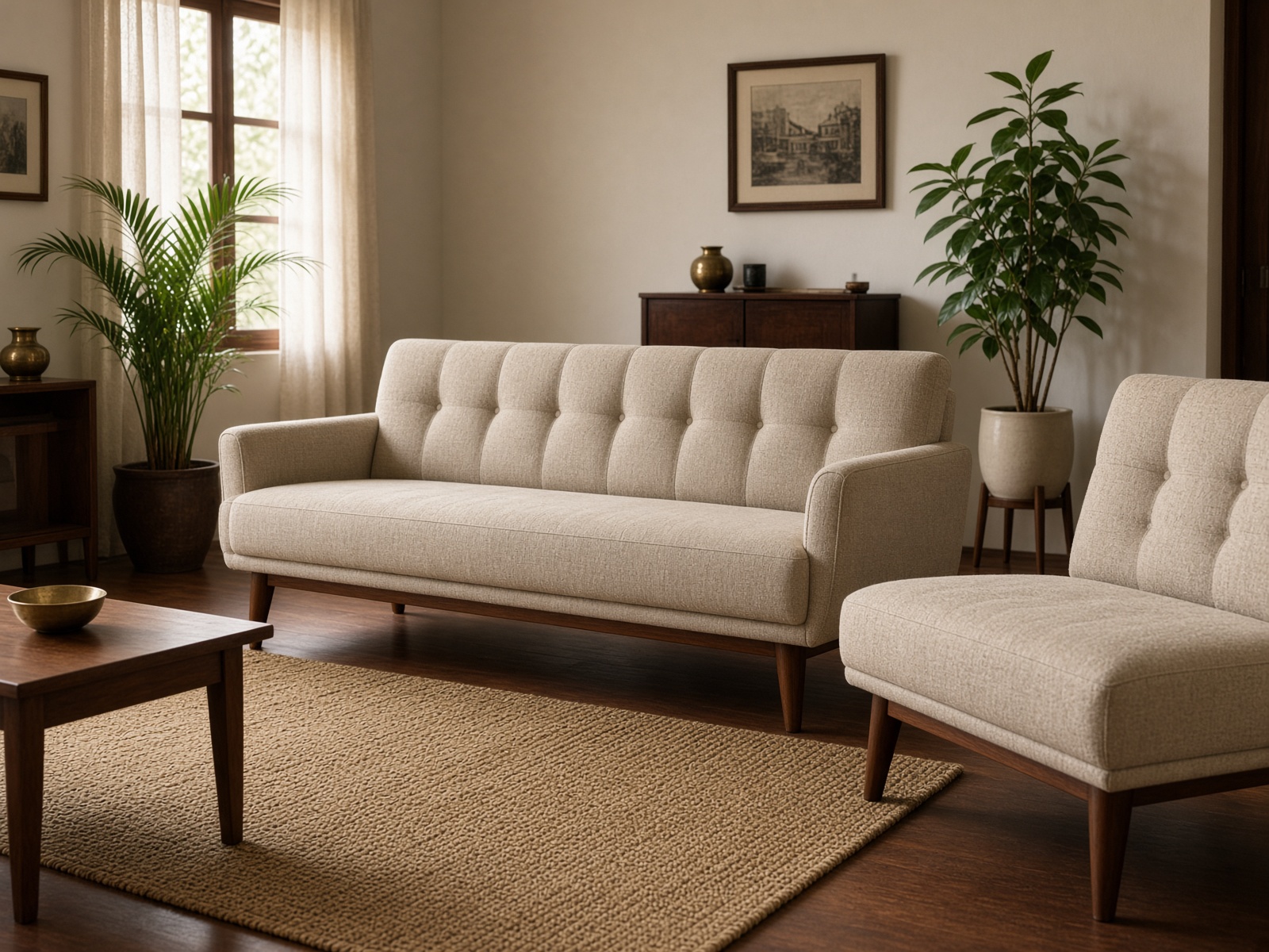 Fiberwood sofa set with tufted back and oatmeal fabric
