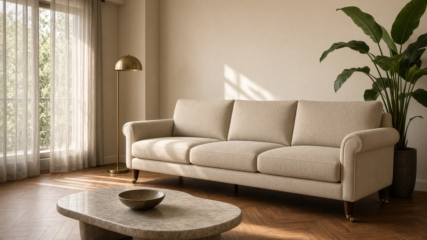 Custom sand-linen three-seater sofa in a Bengaluru living room