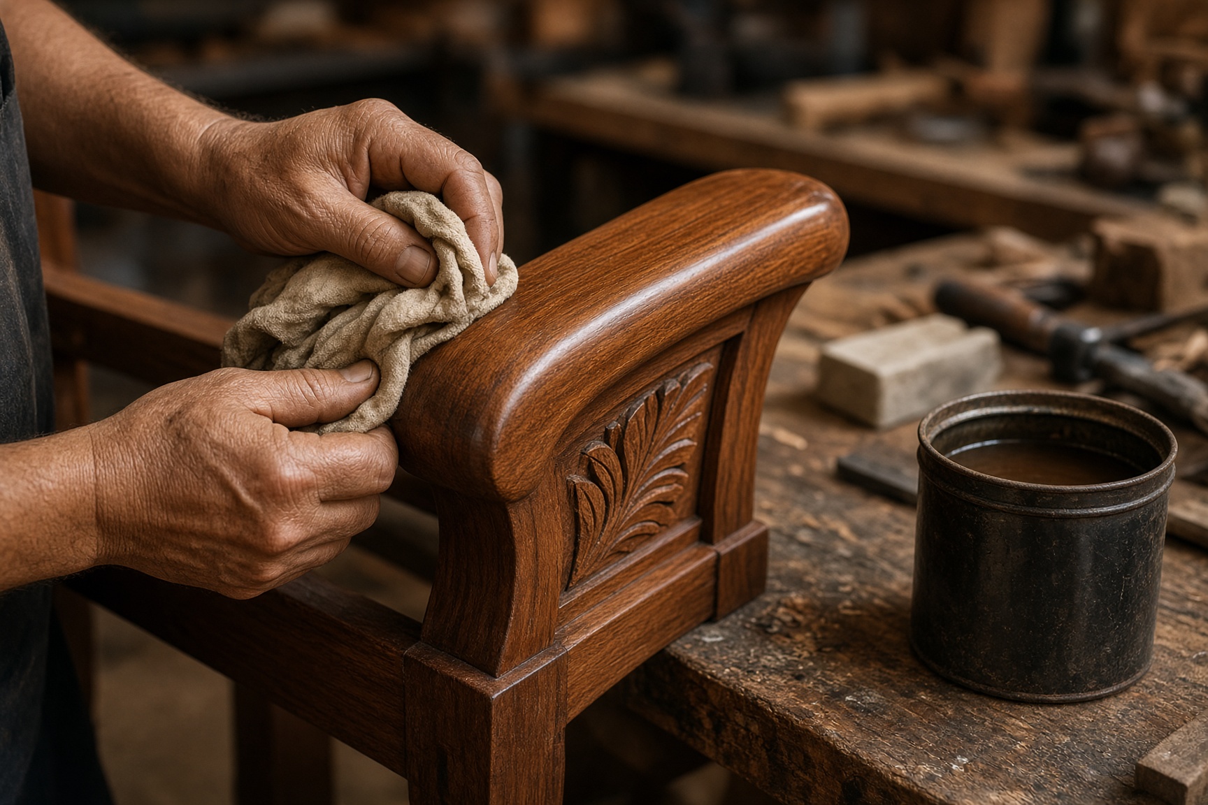 Hands polishing a carved teak sofa armrest to a warm sheen