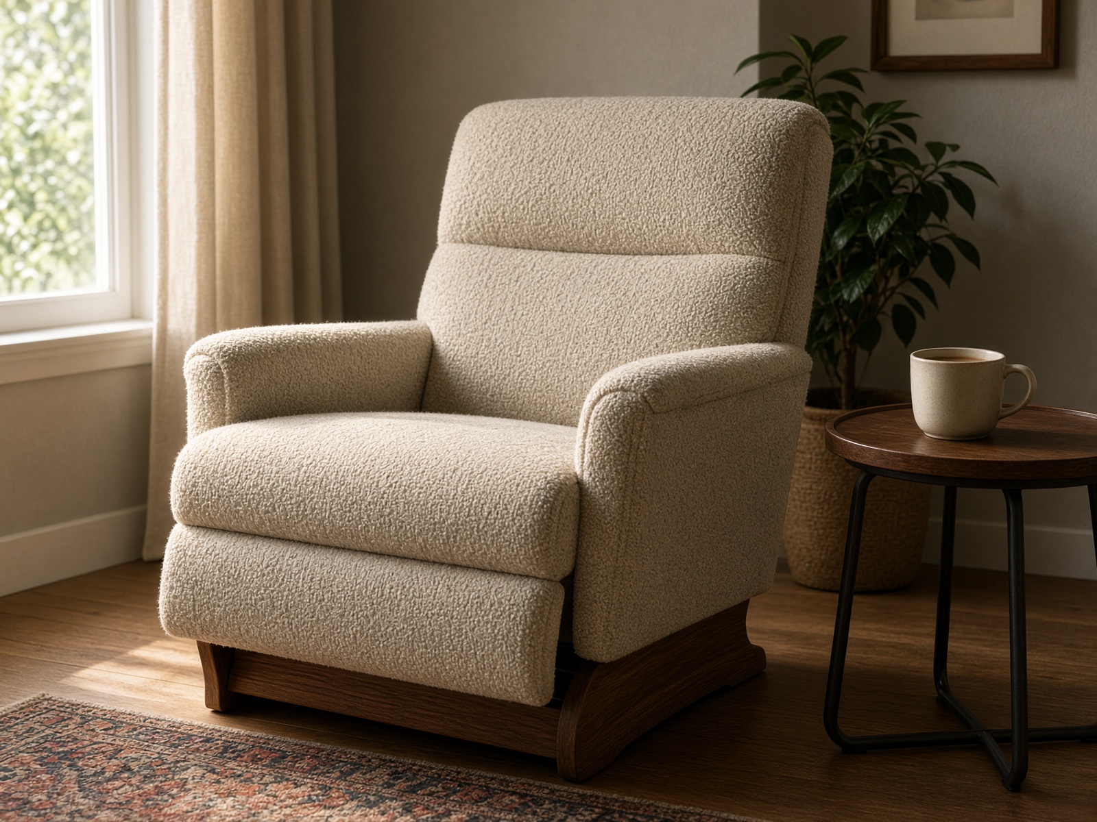 A fabric recliner armchair in a home living corner