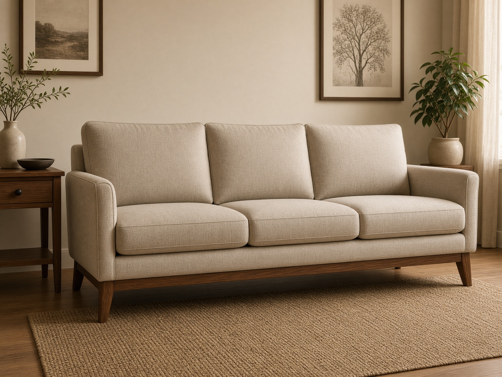 A freshly renovated sand-linen sofa with plump cushions