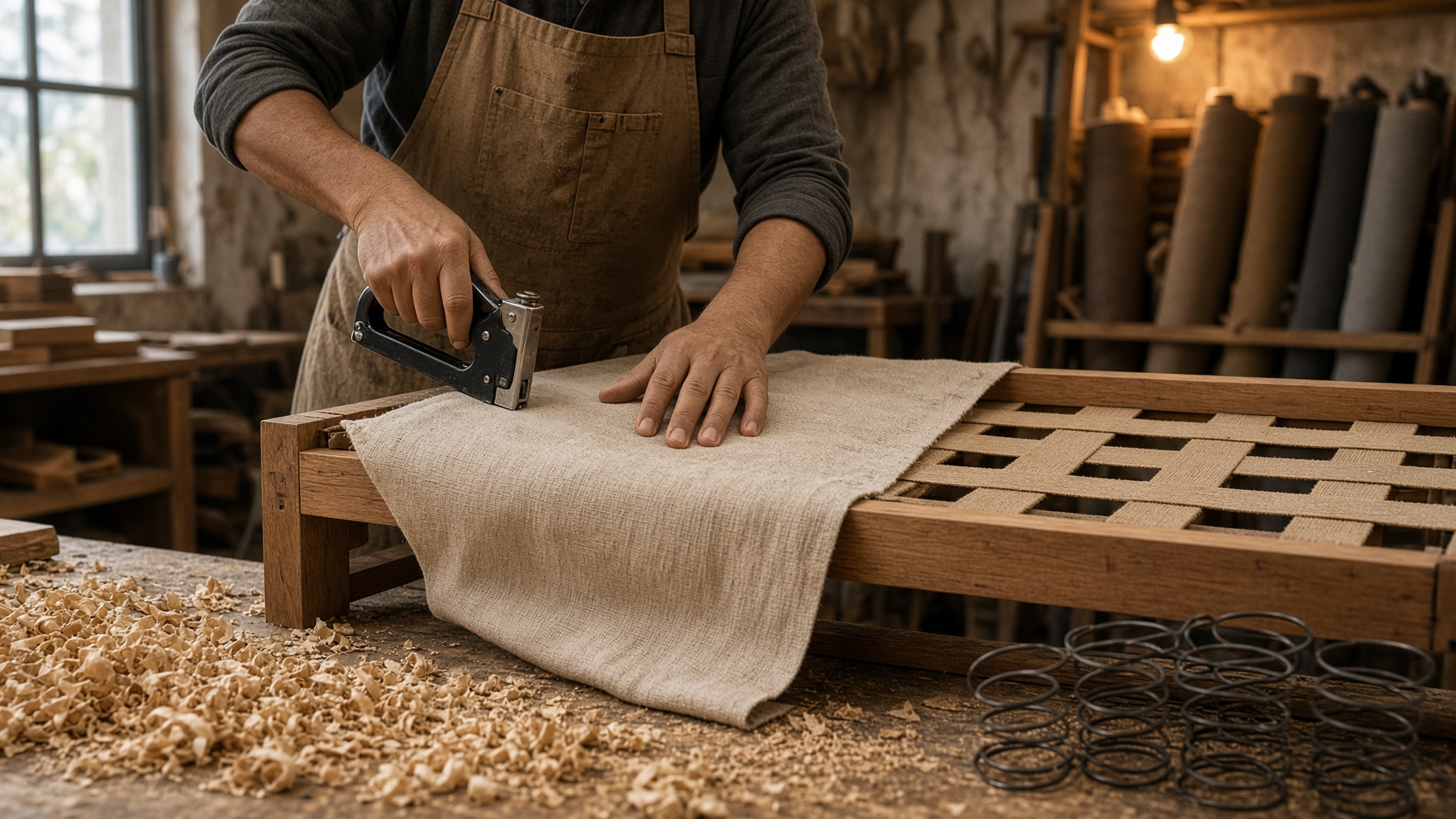 Upholstery workshop preparing a wooden sofa frame