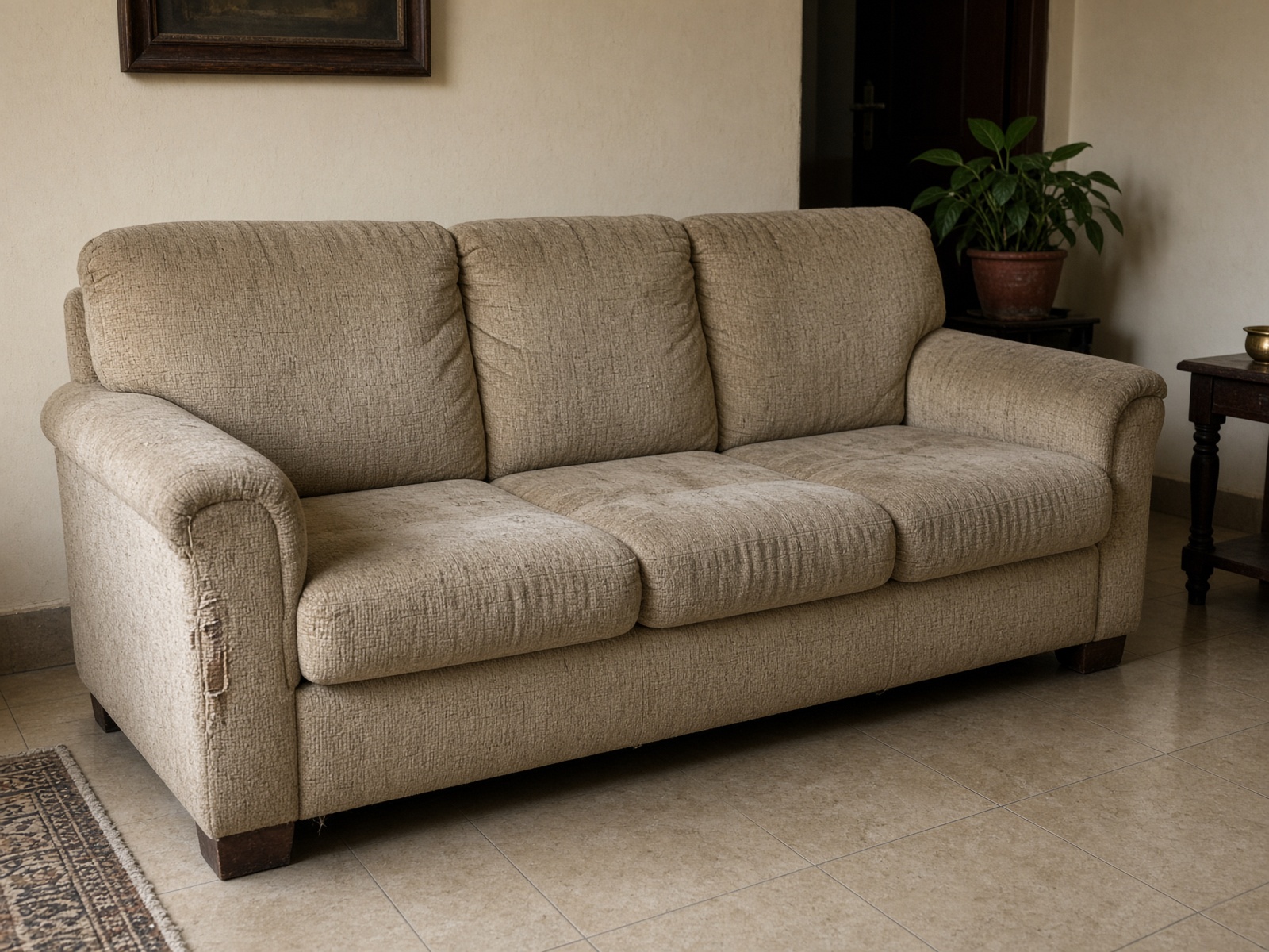 A well-used fabric sofa in a Bengaluru living room before repair
